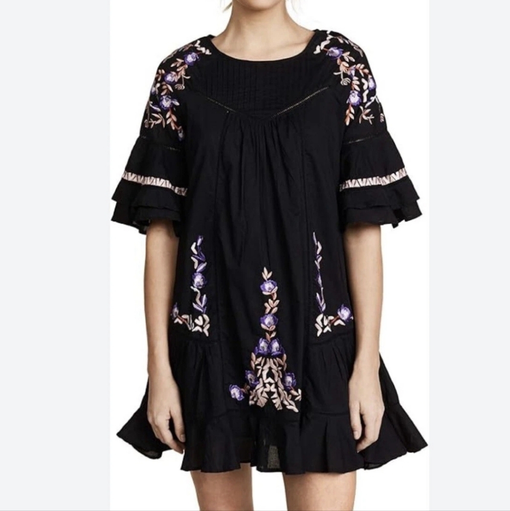 Free People Black Pavlo Floral Embroidered Ruffle Sleeve Dress Lined Bohemian S